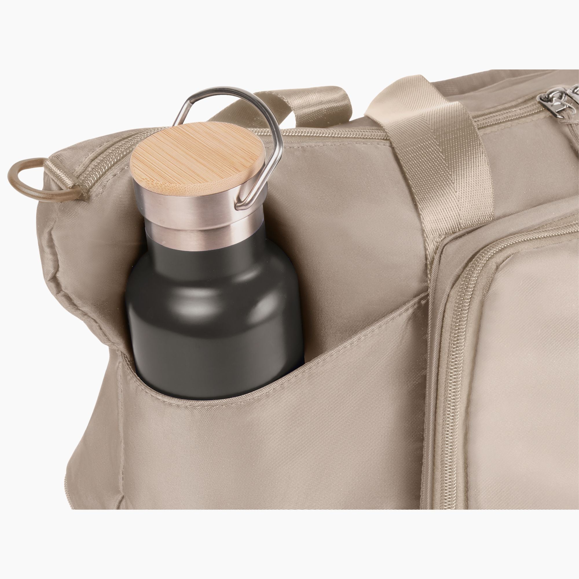Beige Faltwerk Tasche mit seitlichem Fach für Flasche oder Schirm – praktisch im Alltag