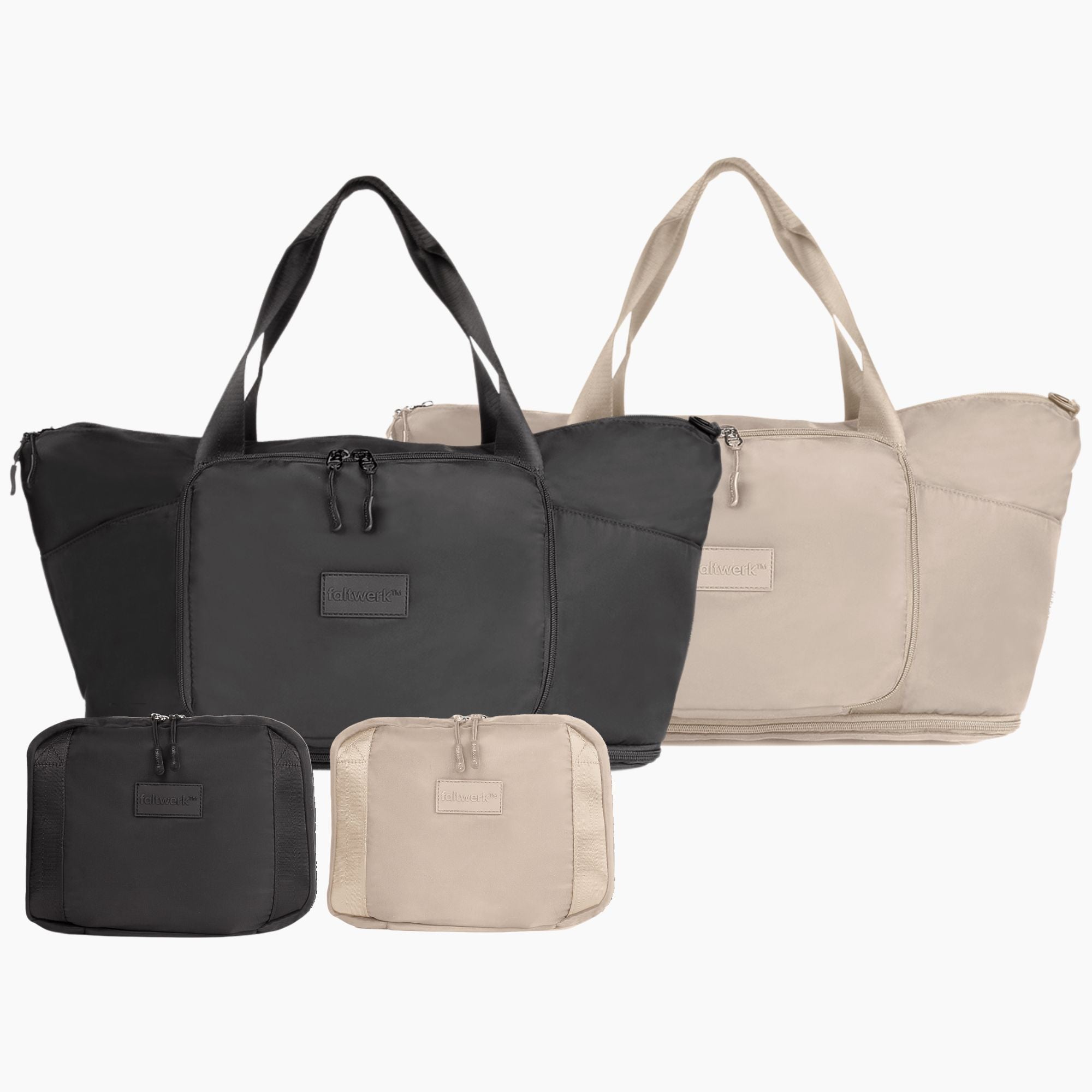 Faltwerk Duo Mix Set – 2 faltbare Reisetaschen in Schwarz & Beige, 40L, ideal für Paare & Vielreisende