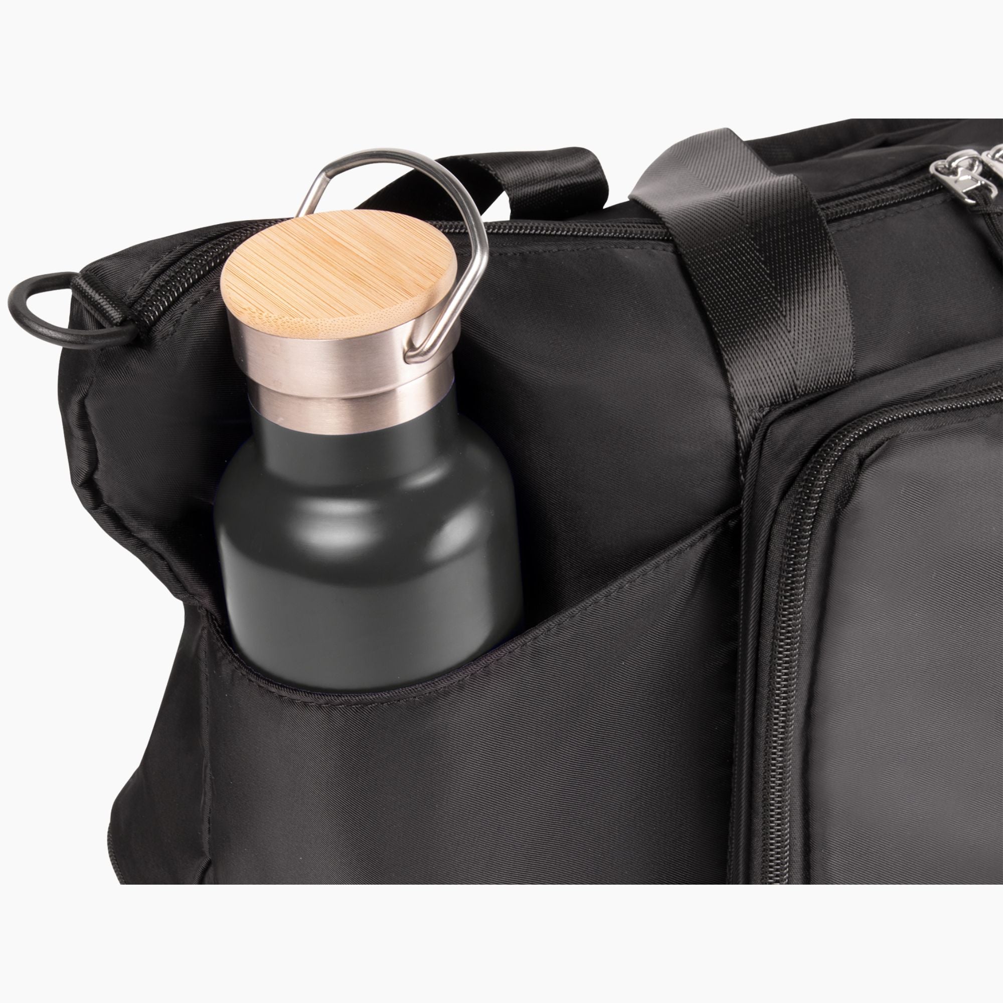 Schwarze Faltwerk Tasche mit seitlichem Flaschenfach – praktisch für Getränke oder Schirm