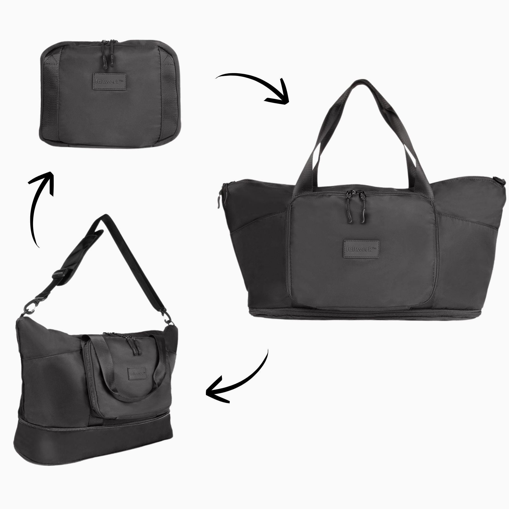 Faltwerk Reisetasche Schwarz in verschiedenen Varianten – flexibel einsetzbar für Alltag, Uni und Reisen