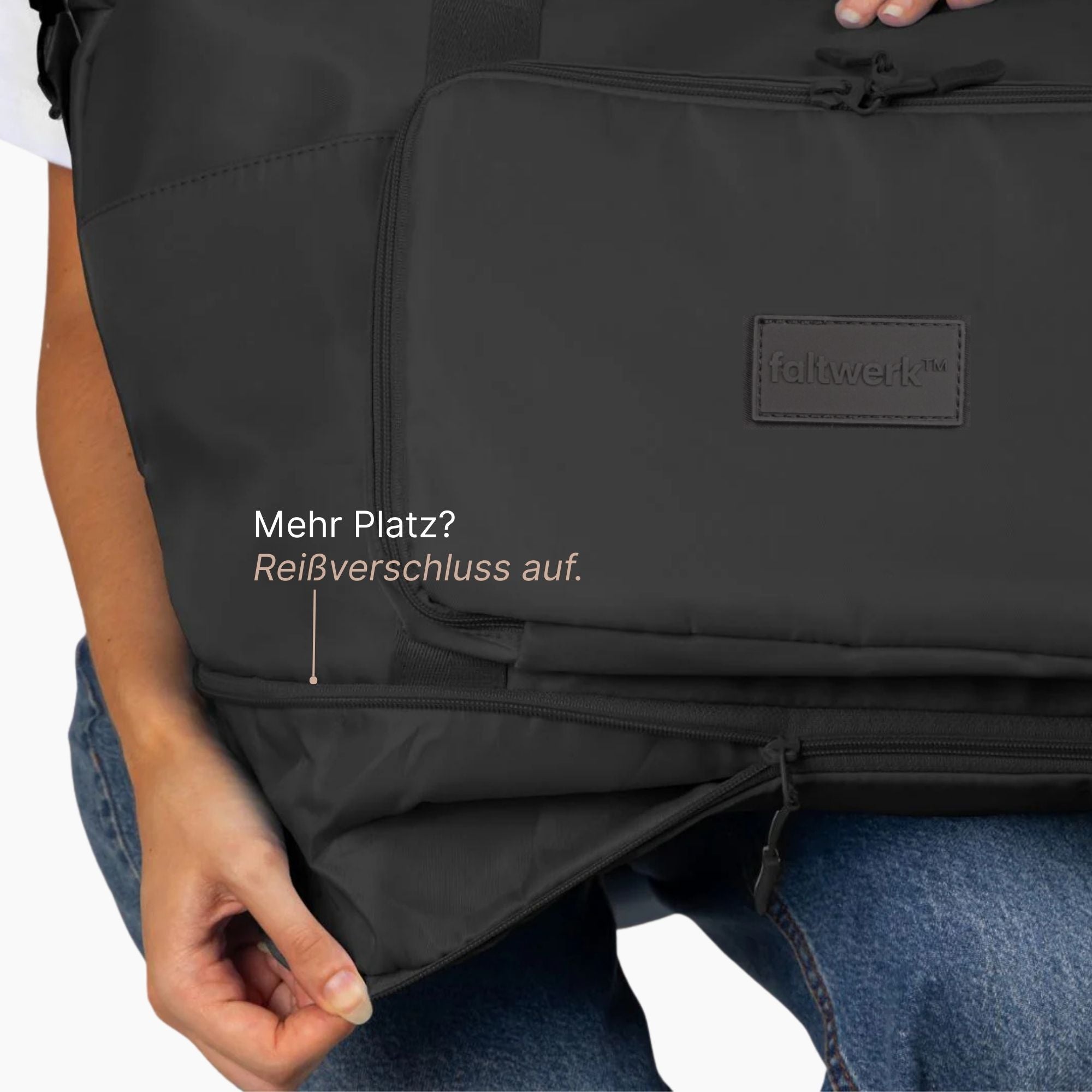 Faltwerk faltbare Reisetasche Schwarz – erweiterbarer Boden mit Reißverschluss für mehr Stauraum